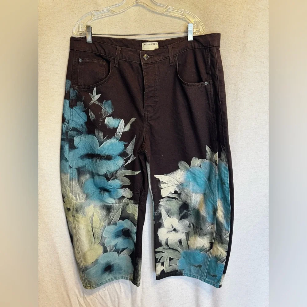 NWT We The Free Free People Good Luck Barrel Brown Aquamarine Floral 33 short - Picture 2 of 5